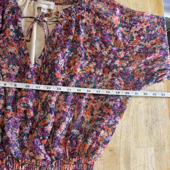 Lavender Brown Dress Smocked Long Sleeves Elastic Waist Tiered Floral Medium EUC - Picture 10 of 15